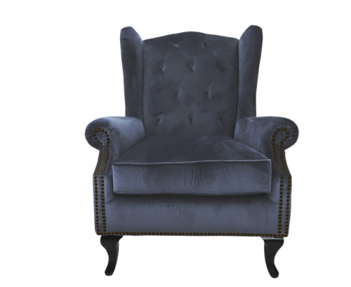 Kingsbury Chair, 102 x 85 x 82 cm, Antique studded detail, Velvet, Upholstery fabric, Midnight, Navy Chair, Winged back