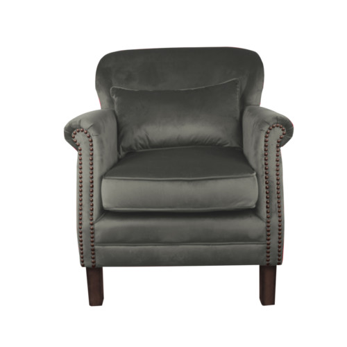 Camden Chair, 77 x 74 x 83 cm, Antique studded detail, Velour, Upholstery fabric, Gunmetal, leather, Grey leather, Grey Chair, Velour Chair