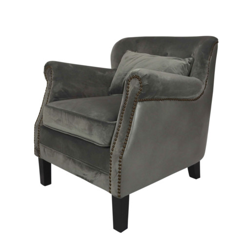 Camden Chair, 77 x 74 x 83 cm, Antique studded detail, Velour, Upholstery fabric, Gunmetal, leather, Grey leather, Grey Chair, Velour Chair